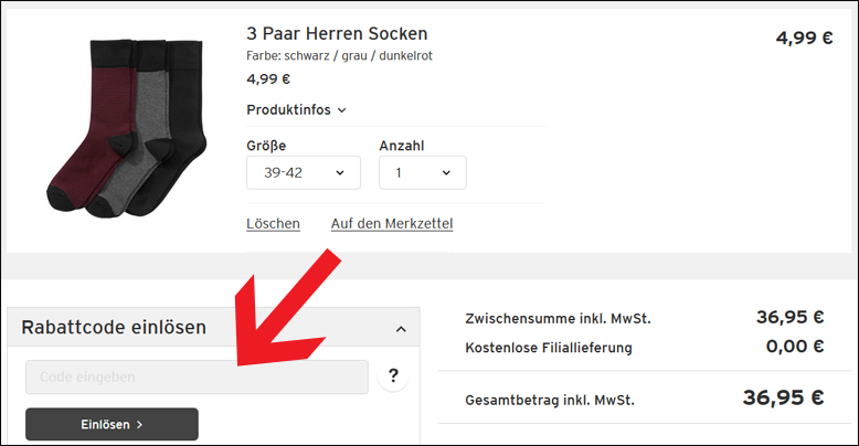 Den Erntingsfamily Gutschein in das Gutscheinfeld einlösen Einen Ernstings family Rabattcode im letzten Bestellschritt einlösen