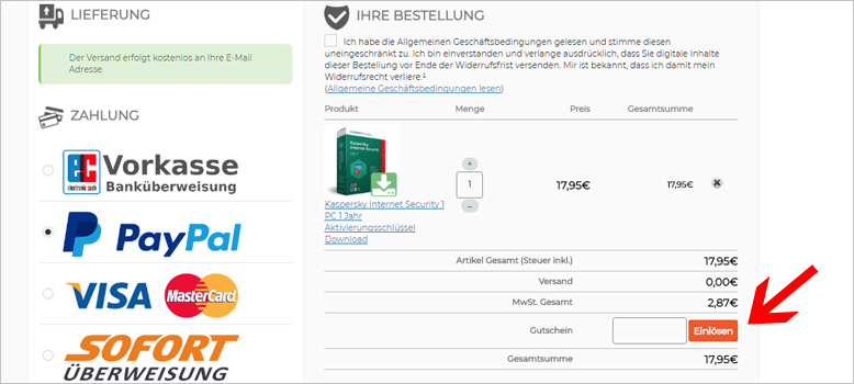 Einfach den ESDownload Gutschein im Warenkorb einlösen Einfach den ESDownload Gutschein im Warenkorb einlösen