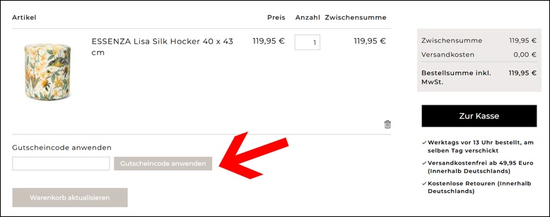 Den ESSENZA HOME Rabattcode kannst du im Warenkorb verwenden Aktiviere den ESSENZA HOME Gutschein im Warenkorb
