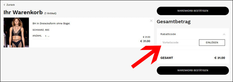 Hier den Code eintragen Den Etam Gutschein im Warenkorb einlösen