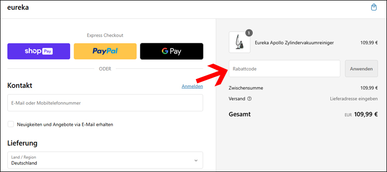 Gutscheincode an der Kasse eingeben Eureka Code an der Kasse einfügen