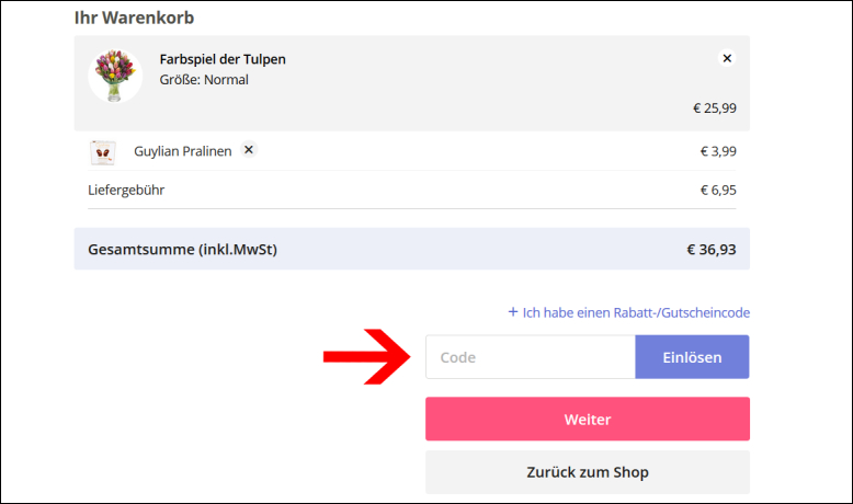 Hier kannst du deinen Gutscheincode einlösen Wende deinen Euroflorist Gutschein einfach im Warenkorb an