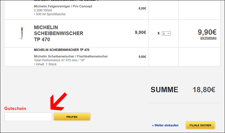 Löse deinen EUROMASTER Gutscheincode im Warenkorb ein und spare! Im Warenkorb kannst du deinen EUROMASTER Rabattcode einlösen.