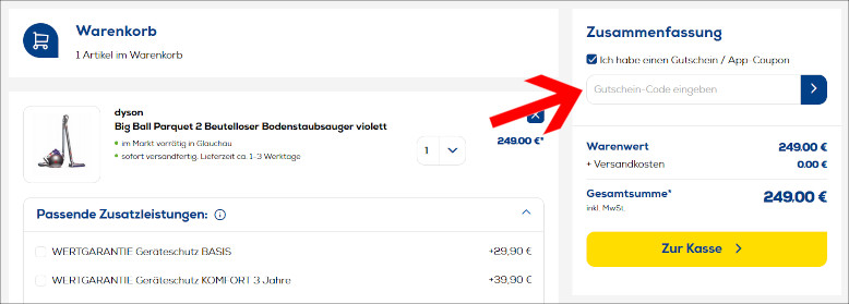 Code im Warenkorb eingeben Euronics Gutschein im Warenkorb einlösen