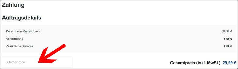 Hier den Code eintragen Den Eurosender Rabattcode im Bestellschritt Zahlung eintragen