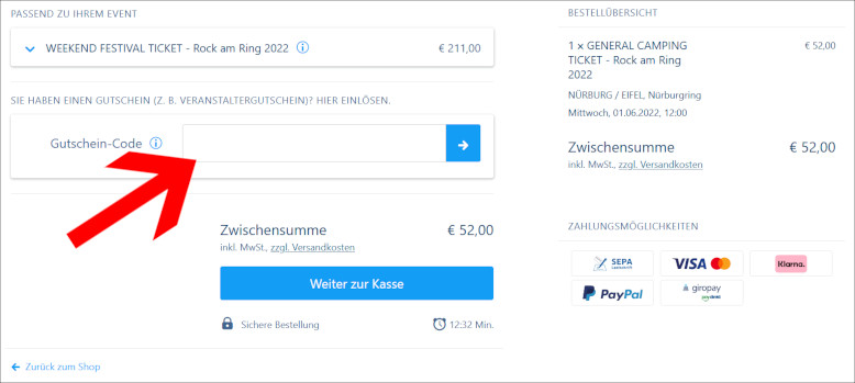 Deinen Eventim Gutscheincode aktivierst du im Warenkorb Den Eventim Gutschein im Warenkorb einlösen