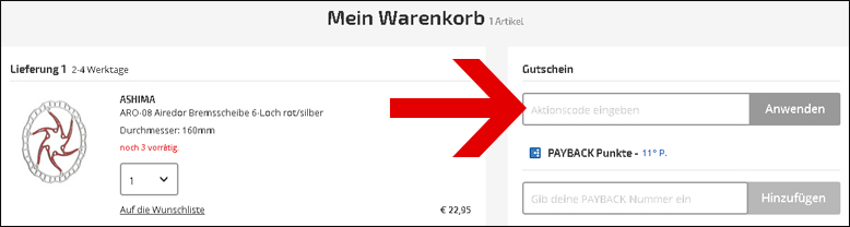 Sichere dir deinen Preisvorteil während deines Bestellvorgangs Aktivere deinen fahrrad.de Gutschein einfach und bequem im Warenkorb
