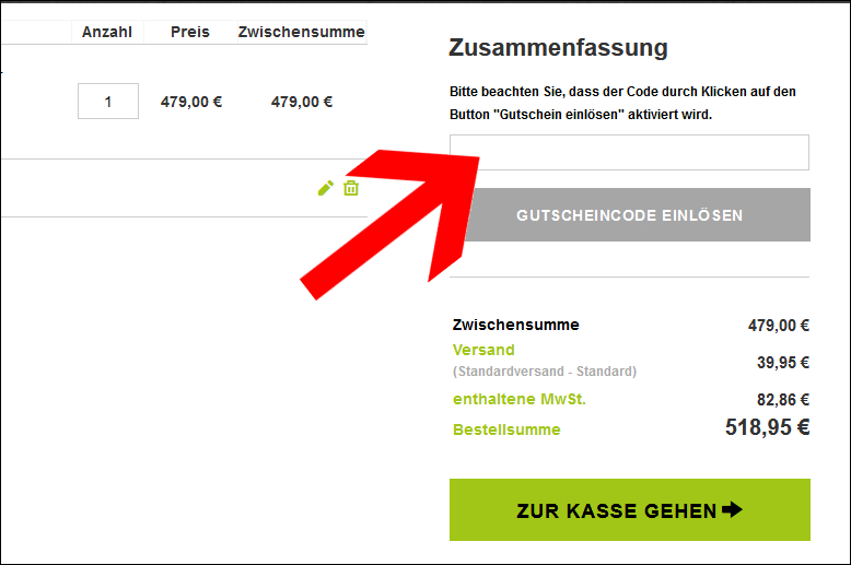 Tippe deinen Coupon im Warenkorb ein Gib deinen Fahrradlagerverkauf Gutschein im Warenkorb an
