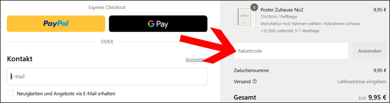 Gib deinen Gutscheincode hier ein Gib deinen famprints Rabattcode an der Kasse ein