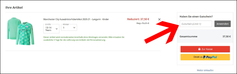 Gib den Code im Warenkorb ein Den Fanatics Gutschein bitte im Warenkorb anwenden