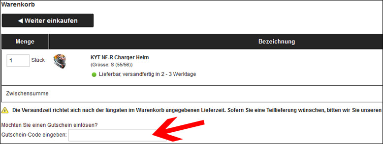 Deinen FC Moto Gutscheincode löst du im Warenkorb ein Den FC Moto Gutschein im Warenkorb einlösen