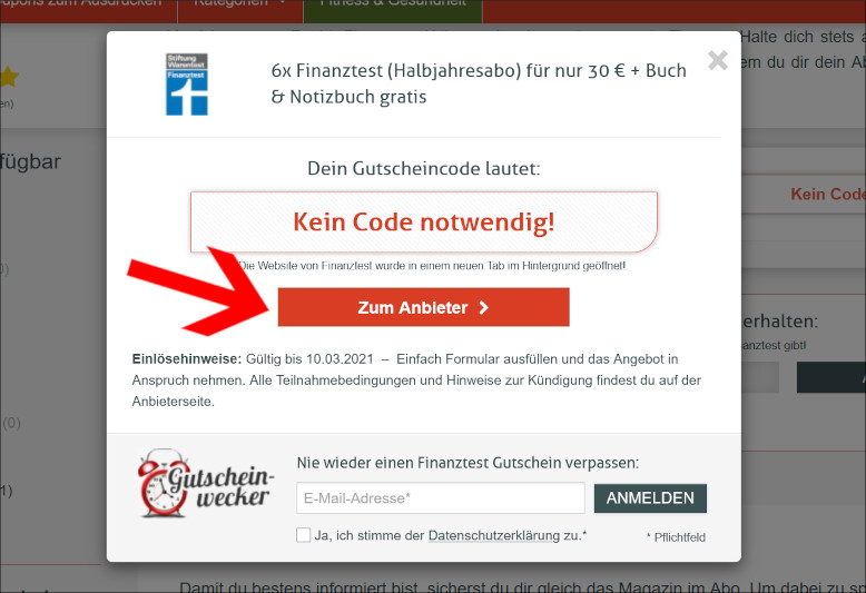 Mit einem Finanztest Gutschein kannst du dich direkt zur Aktion weiterleiten lassen Mit dem Finanztest Gutschein zur Aktion weiterleiten lassen