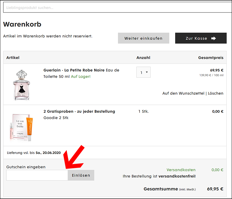 Der Flaconi Gutschein wird im Warenkorb eingelöst Aktiviere den Flaconi Rabatt im Warenkorb