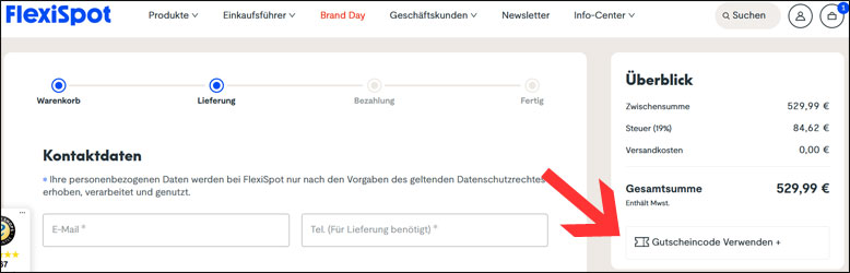 Code an der Kasse eingeben Flexispot Gutschein an der Kasse nutzen