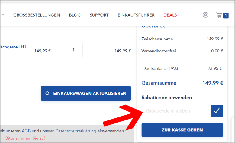 Tippe deinen Rabattcode im Warenkorb ein Löse deinen FlexiSpot Gutschein im Warenkorb ein