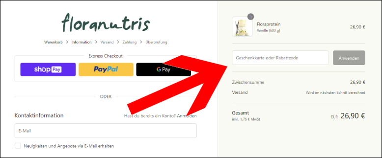 Rabattcode anwenden Floranutris Gutschein bei Bezahlung einlösen