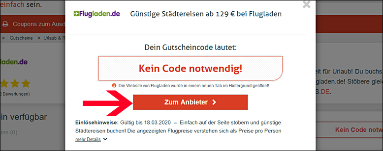 So gelangst du direkt zur Flugladen Rabattaktion Über den Flugladen Gutschein wirst du direkt zur Aktion weitergeleitet