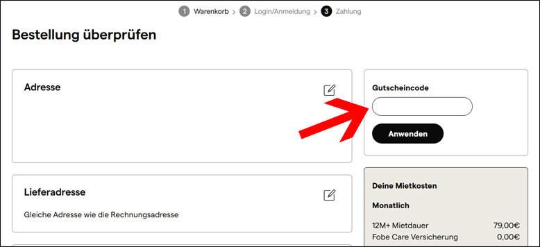 Den Code im Bestellverlauf einfügen Den Fobe Rabattcode im Bestellverlauf eingeben