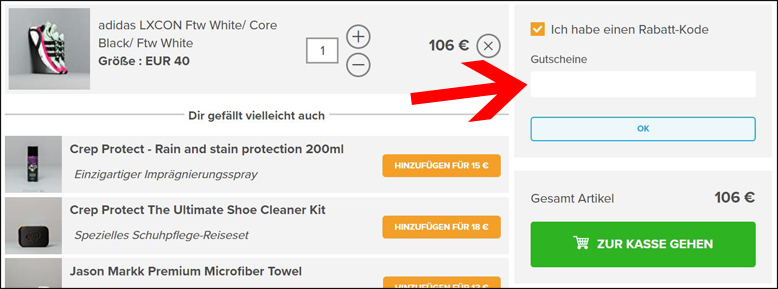 Gutscheincode im Warenkorb eingeben Footshop Gutschein im Warenkorb einlösen