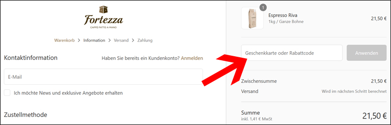 Den Fortezza Rabattcode in das Gutscheinfeld eingeben Einen Fortezza Gutschein im Bestellprozess einlösen