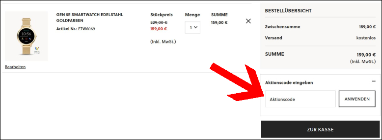 Gib den Aktionscode hier ein Den Fossil Gutschein im Warenkorb eingeben