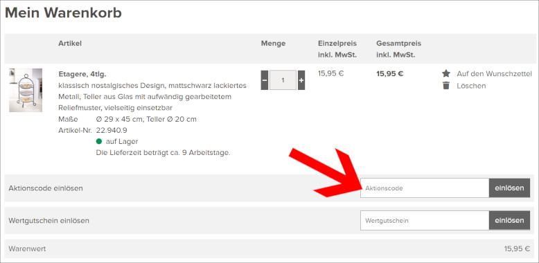 Ein Frank Flechtwaren Aktionscode wird im Warenkorb eingegeben Ein Frank Flechtwaren Gutschein wird im Warenkorb eingegeben
