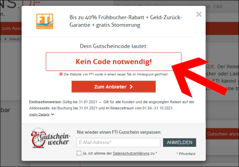 Lass dich zum Anbieter weiterleiten Dein FTI Gutschein ist bereits aktiviert