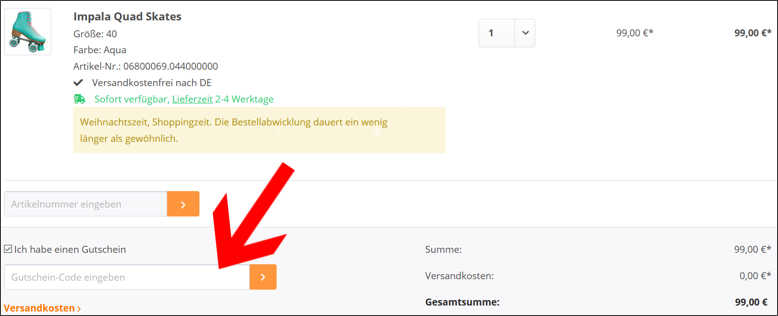 An dieser Stelle wird der Rabattcode eingelöst Ein Fun Sport Vision Gutschein wird unten im Warenkorb eingefügt