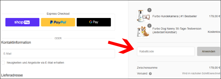 Rabattcode hier einlösen Furbo Rabattcode im ersten Bestellschritt einlösen