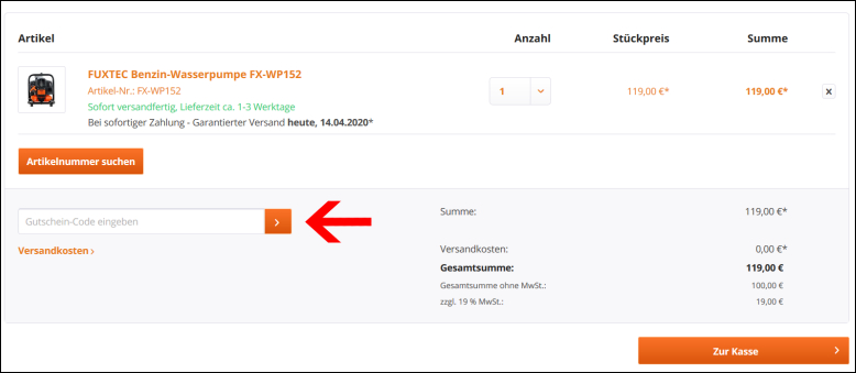 Löse hier deinen Rabattcode ein Deinen Fuxtec Gutscheincode kannst du direkt im Warenkorb einlösen