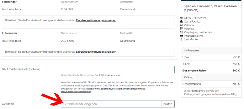 Gutscheincode eingeben GALERIA Reisen Gutschein im zweiten Bestellschritt anwenden