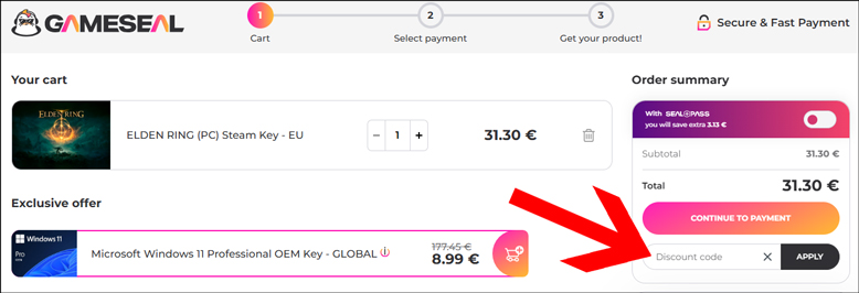 Aktionscode im Warenkorb anwenden Gameseal Discount Code im Warenkorb einlösen