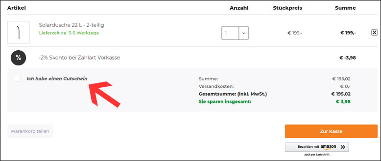 Code im Warenkorb eingeben GartenHaus GmbH Gutschein im Warenkorb nutzen