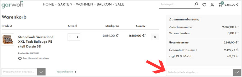 Code im Warenkorb eingeben Den garwoh Gutschein im Warenkorb nutzen