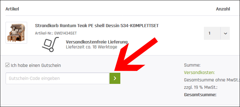 Tippe deinen Coupon im Warenkorb ein Gib deinen garwoh Gutschein im Warenkorb ein