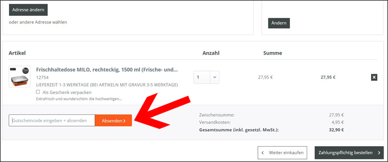 Rabattcode hier einlösen GEFU Gutscheincode im 3. Bestellschritt eingeben