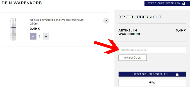 Gillette Gutscheincode im Warenkorb einlösen Rabattcode im Warenkorb von Gillette einlösen