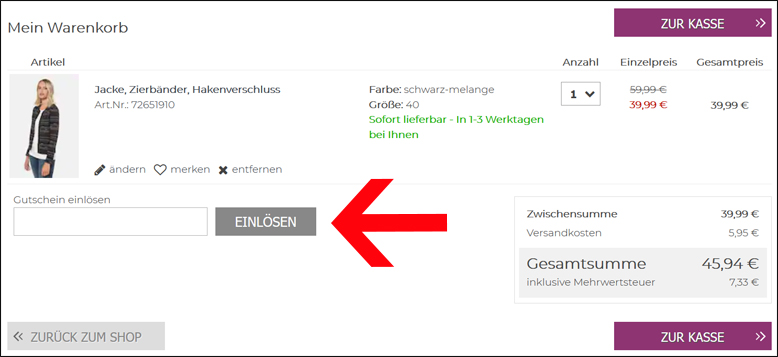Den GINA LAURA Gutscheincode in das Gutscheinfeld eingeben Einen GINA LAURA Gutschein im Warenkorb einlösen