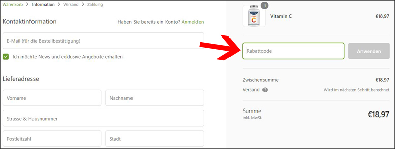 Löse den Rabatt im dafür vorgesehenen Feld ein Wende den GloryFeel Gutschein im ersten Bestellschritt an