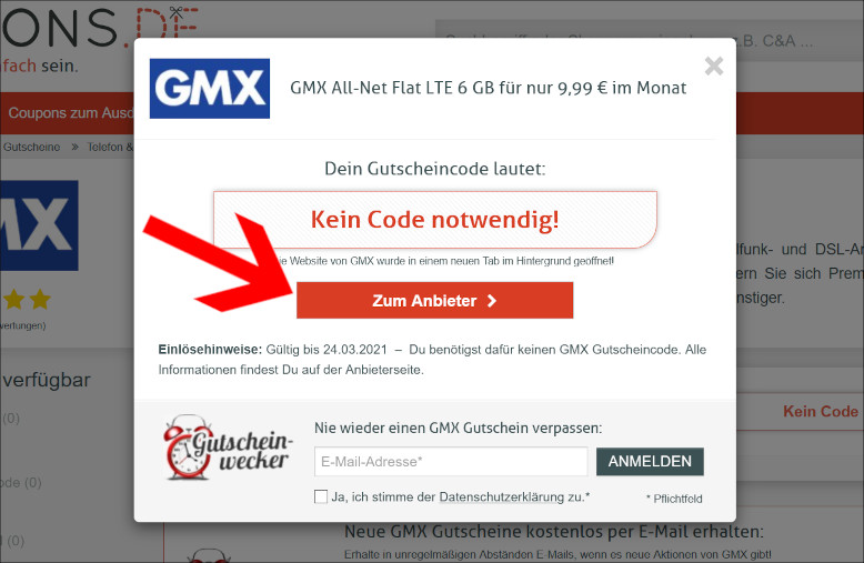 Mit einem GMX Gutscheincode lässt du dich einfach zur Anbieter-Aktion weiterleiten Mit dem GMX Gutschein zur Anbieteraktion weiterleiten lassen