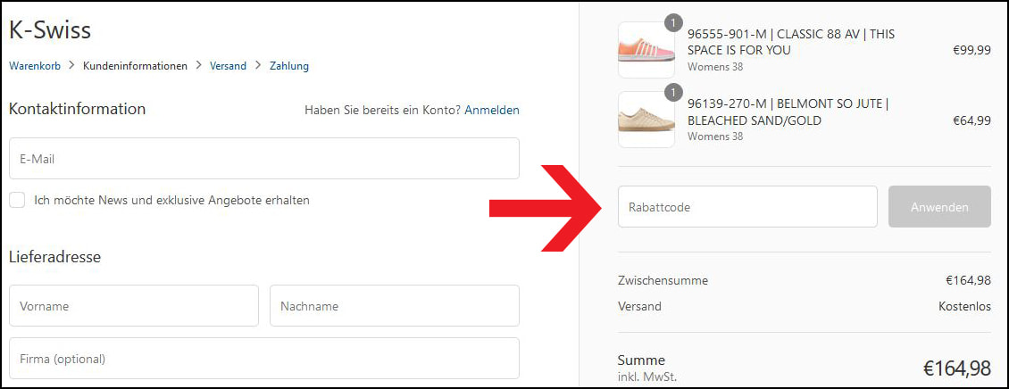 Hier kannst du deinen K-Swiss Rabattcode eingeben. Deinen K-Swiss Gutscheincode bitte hier anwenden.