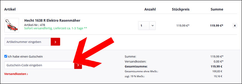 Deinen Rabatt kannst du im Warenkorb anwenden Hecht Garten Gutschein im Warenkorb einlösen