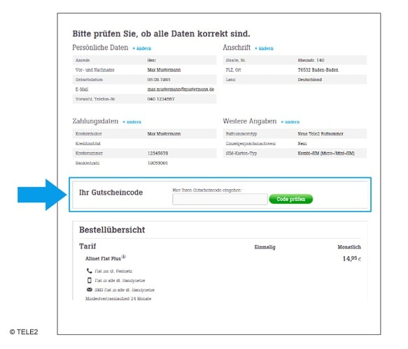 In der Bestellübersicht den Tele2 Gutscheincode einlösen Gutschein Tele2 einlösen
