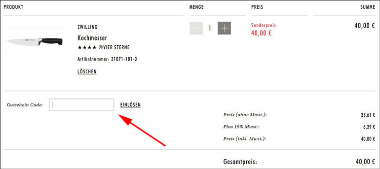 Zwilling Gutscheincode im Warenkorb einlösen Zwilling Gutscheincode im Warenkorb einlösen