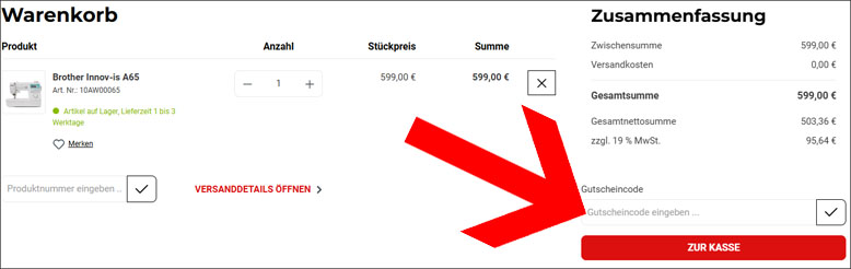 Gutscheincode im Warenkorb einlösen Nähmaschinen Direkt Gutschein im Warenkorb aktivieren