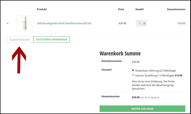 Den BioCBD Gutschein im Warenkorb einlösen Einen BioCBD Rabattcode einlösen