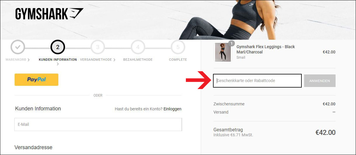 Im Warenkorb löst du den Gymshark Gutschein ein Im Warenkorb löst du den Gymshark Gutschein ein