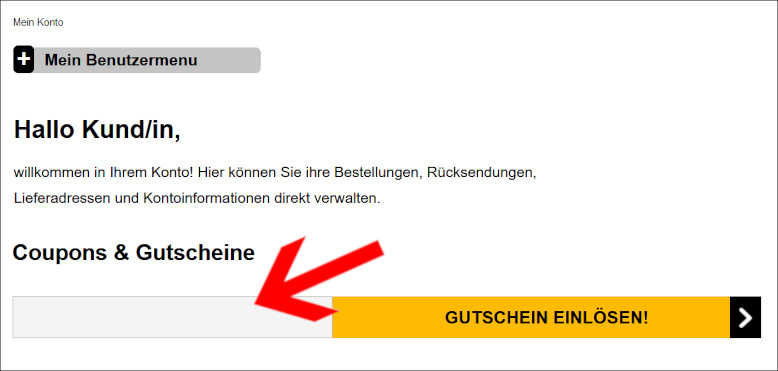 Ein Hammerkauf Gutscheincode wird im Benutzermenü eingegeben Ein Hammerkauf Gutschein im Benutzermenü eingeben
