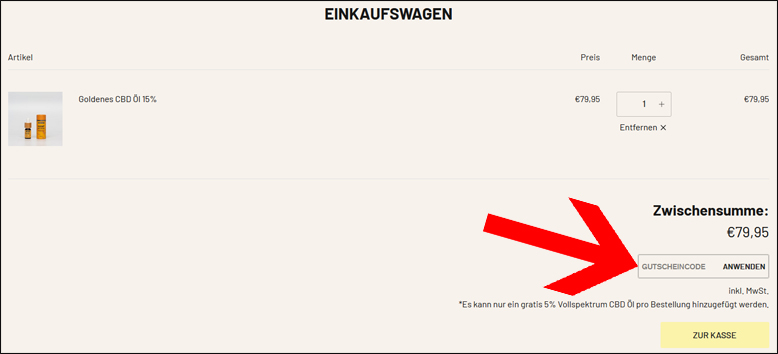 Code hier einlösen Hanfgeflüster Rabattcode im Warenkorb eingeben