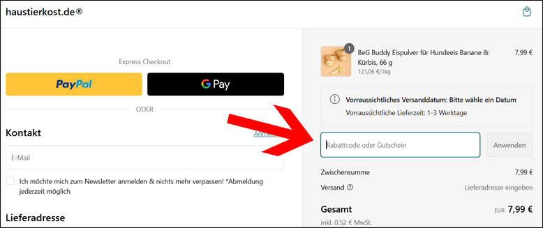 Code an der Kasse eingeben Haustierkost Gutschein an der Kasse nutzen